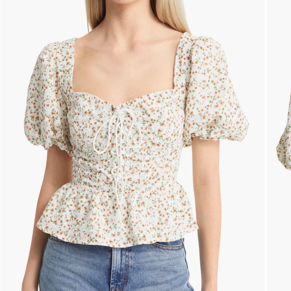ASTR the Label Floral Puff Sleeve Lace-Up Corset Crop Top